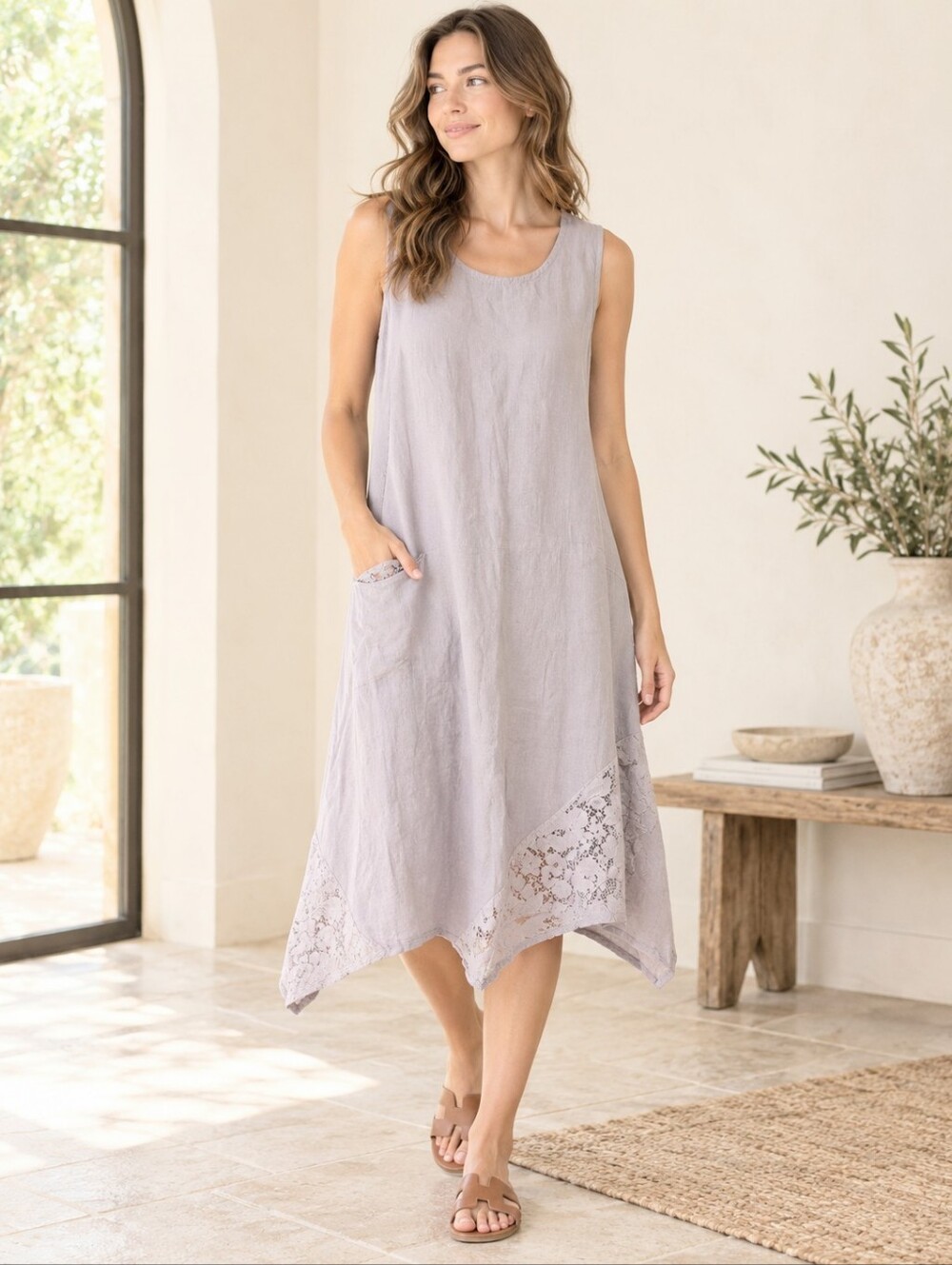Linen Lagenlook Lace Asymmetrical Midi Dress Charlie B Large